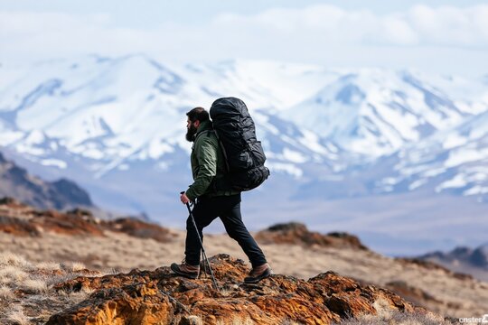 Hiker with a heavy backpack trekking through the wilderness near snowy mountains