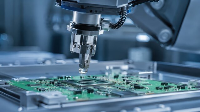 Automated Robotic Arm Assembling Printed Circuit Board in High Tech Factory