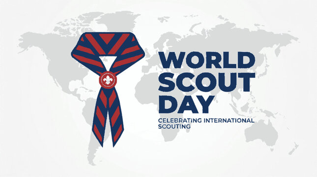 Graphic illustration featuring a striped neckerchief and world map background celebrating the annual international scout day with red blue