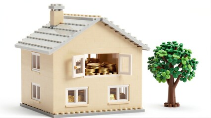 Fototapeta premium Lego house filled with gold coins, beside a green tree.