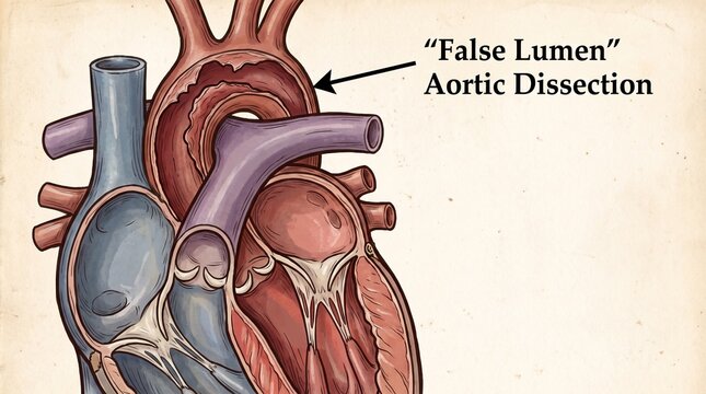 Cardiology. Medical illustration of heart anatomy with labeled false lumen in aortic dissection, showing damaged aortic wall and cardiovascular pathology.