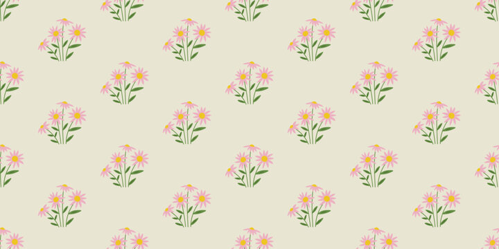 Vintage daisy flower bouquet art seamless pattern illustration. Retro nature floral background in hand drawn style. Spring season garden decoration texture, natural textile drawing print.