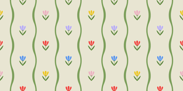 Vintage colorful flower art seamless pattern illustration. Retro nature floral background in hand drawn style. Spring season garden decoration texture, natural textile drawing print.
