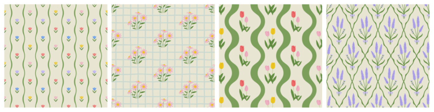 Vintage flower bouquet art seamless pattern illustration set. Retro nature floral background in hand drawn style. Spring season garden decoration texture, natural textile drawing print collection.