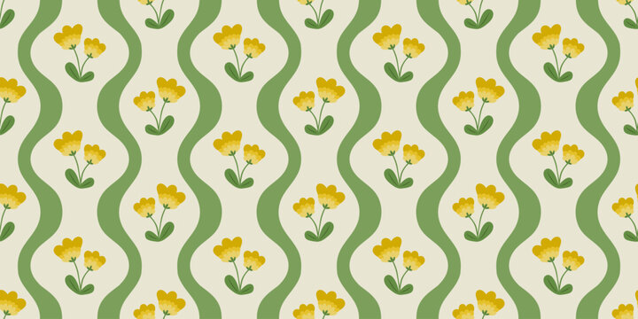 Vintage dandelion flower bouquet art seamless pattern illustration. Retro nature floral background in hand drawn style. Spring season garden decoration texture, natural textile drawing print.