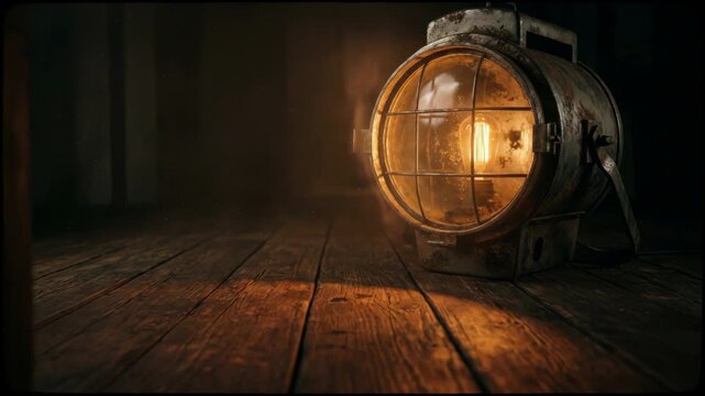 Vintage industrial lantern glowing on rustic wooden floor in dark atmospheric setting