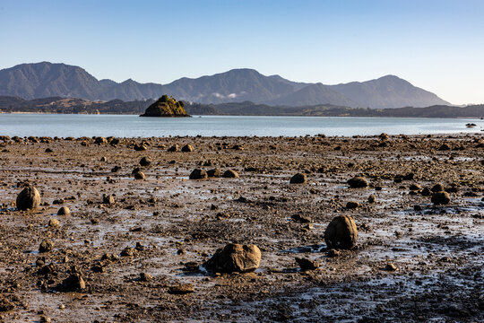 Coastal landscape at Koutu Boulders during low tide in Northland, New Zealand, featuring scattered rock formations, sandy shoreline and calm sea.