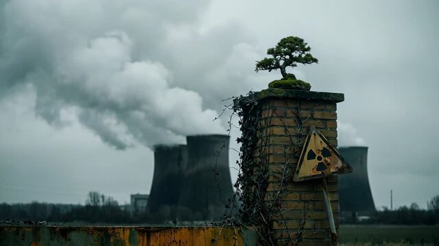 Bonsai tree growing on abandoned pillar with nuclear cooling towers steaming in background for environmental concept