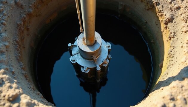 Submersible pump descends into deep borehole with metal pipe, wire rope. Industrial mechanism installs well for water extraction inside dark circular shaft. Technical engineering equipment provides