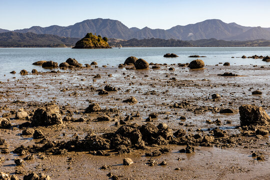 Coastal landscape at Koutu Boulders during low tide in Northland, New Zealand, featuring scattered rock formations, sandy shoreline and calm sea.