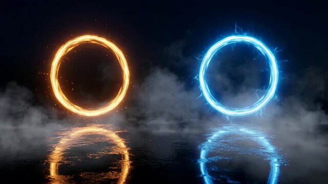 Fire and lightning rings glowing and pulsing on dark reflective surface for dramatic intro