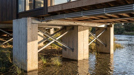 Fototapeta premium Flood-Ready Elevated Home Entry Steps Above Seasonal River Water Reflection