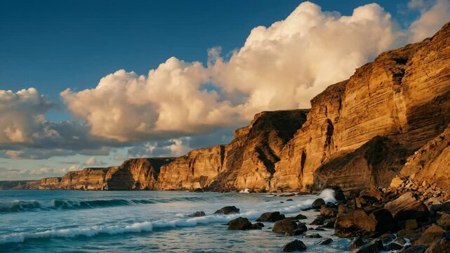 Dramatic coastal cliffs rising above crashing ocean waves under cloudy sky for nature and travel content
