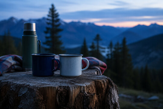 Two camping mugs at mountain dusk create a peaceful outdoor scene about companionship, adventure, and quiet reflection in nature.