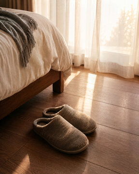 Sunlit bedroom scene with a pair of slippers beside the bed, evoking quiet companionship, home comfort, and the intimacy of everyday shared life.