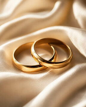Elegant close-up of interlocked gold rings on satin fabric, symbolizing marriage, commitment, romance, and timeless love with luxurious detail and soft light.