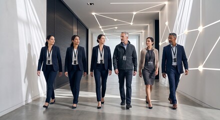 Fototapeta premium Cyber Resilience Team Moving Through Secure Corridor Under Network Lights