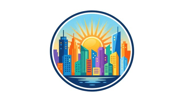 Circular logo showing city skyline with rising sun over water reflection in flat style.