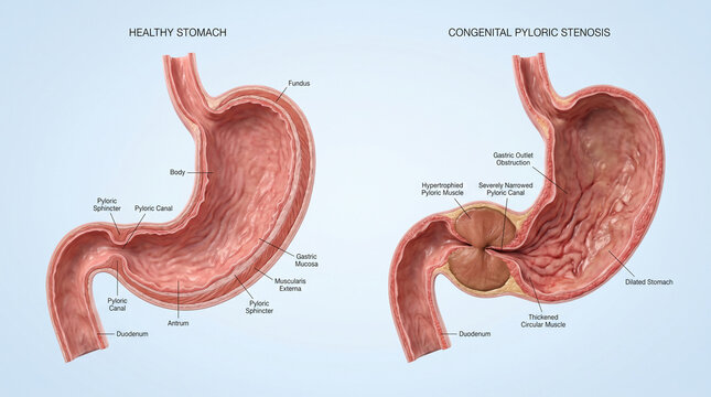 3D Illustration of Congenital Pyloric Stenosis Comparing a Healthy Stomach to a Hypertrophied Pyloric Sphincter