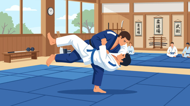 2D Flat Vector Martial Arts Training Session in a Dojo with Two Men Sparring