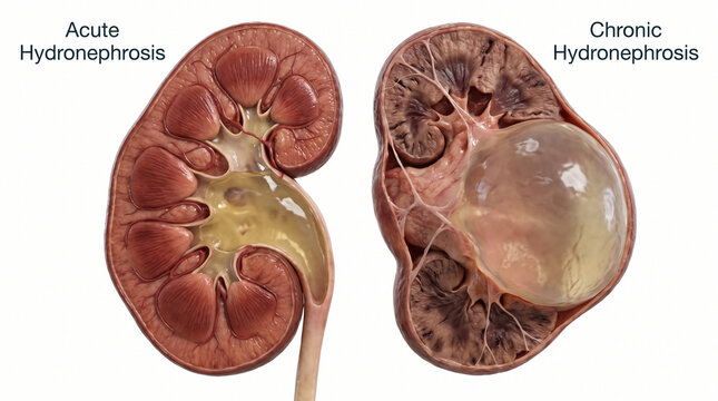 3D Medical Anatomy of Acute vs Chronic Hydronephrosis Showing Kidney Swelling and Tissue Damage