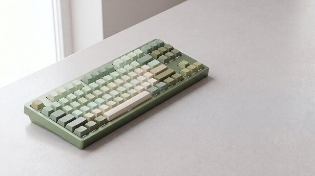 Minimalist mechanical keyboard with sage green and cream keycaps on a neutral desk surface