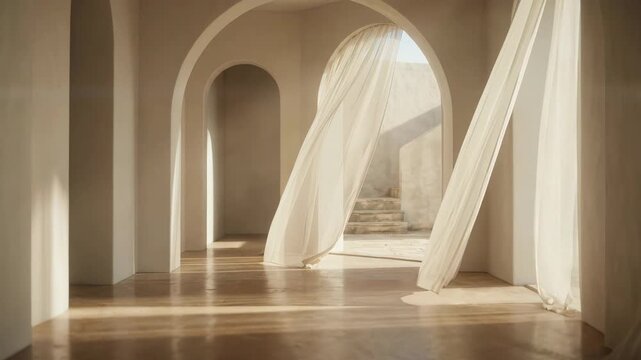 Sheer white curtains flowing through sunlit arched hallway for luxury interior and architecture content