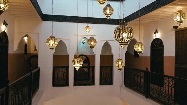 Traditional Lamps Hanging From The Roofs Of A Moroccan Riad