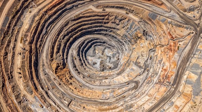 Aerial view of a large circular open pit mine
