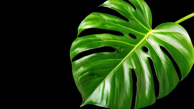 Monstera Leaf on Black: A vibrant green Monstera leaf, with its characteristic fenestrations, is showcased against a stark black background.