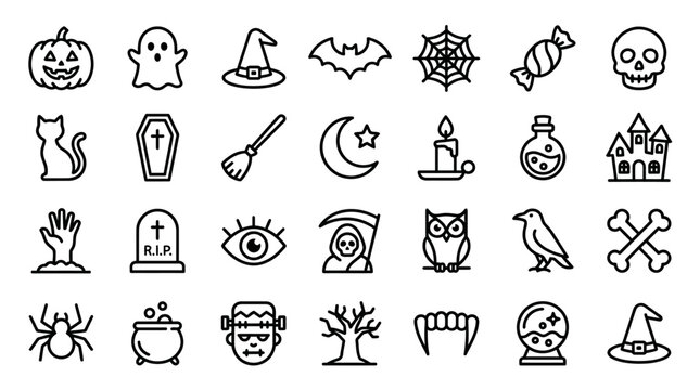 Halloween icons and symbols line art.