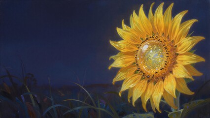 Obraz premium Golden sunflower glows with inner light against dark, mysterious night sky.