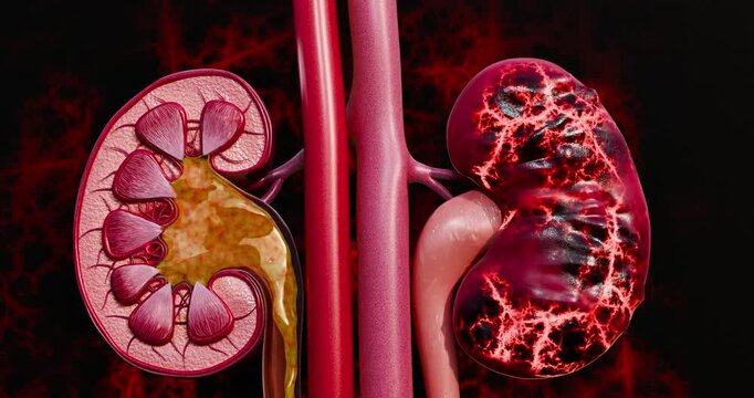 Chronic kidney disease associated with unhealthy dietary habits illustrating renal inflammation, impaired filtration, and metabolic overload from processed food consumption. 3D Rendering
