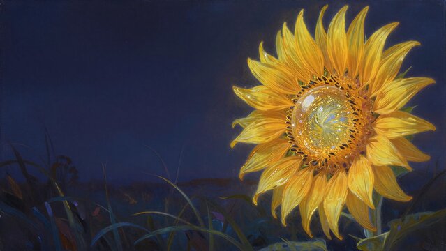 Golden sunflower glows with inner light against dark, mysterious night sky.