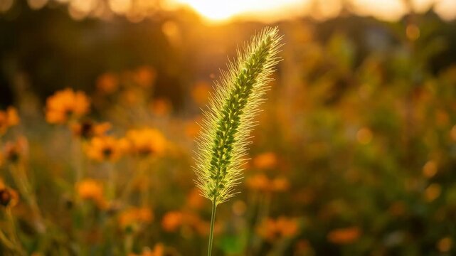 Green foxtail grass swaying gently at golden sunset in wildflower field for nature and ecology content