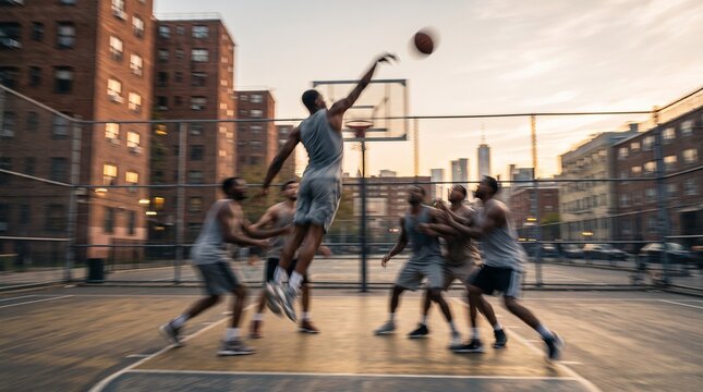 Basketball Game on Urban Rooftop Court at Sunset
