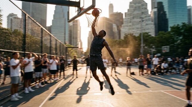 Basketball Player Dunking at Urban Court with Spectators