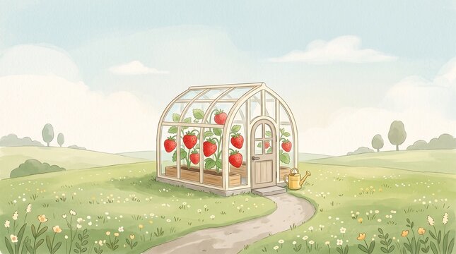 Greenhouse with Strawberries in a Field &ndash; Illustration