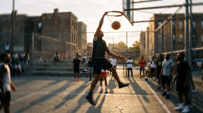 Basketball Player Shooting at Urban Court with Spectators