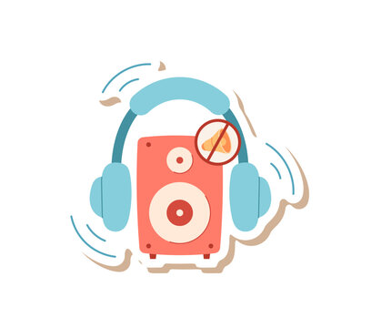 Flat eco noise pollution protection art sticker. Loud sound and hearing symbol as ears health reminder. Ecology and environment care, sticker use for noise awareness, clean lifestyle safety themed