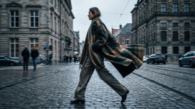 Woman Walking Confidently Through Urban Street