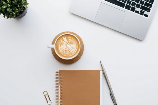 Workspace with laptop coffee notebook and stationary on a modern office desk flat lay