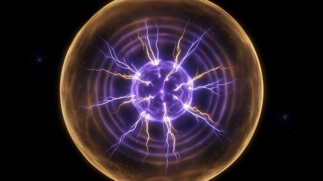 Plasma energy ball pulsing with electric lightning bolts on dark space background for science and technology intro
