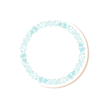 Circle camp sticker frame with forest and nature doodle line. Hiking and adventure design as travel patch, this blue outline element suits outdoor or tourist theme decoration.