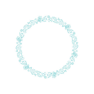 Round frame with sketch style highlights outdoor, travel and adventure concept. Hiking and trekking map, camp elements backpack combine as simple line doodle in blue color for nature inspired trip