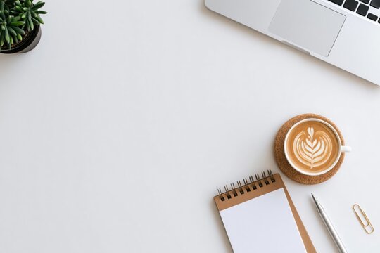 Workspace flat lay with laptop notebook and coffee on a minimalist office desk