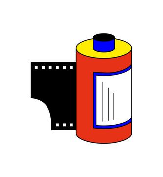 Retro y2k film sticker patch in bold flat style. Vintage 90s camera art with old nostalgia look, cool pop culture vibes, trendy and classic patch for creative projects.