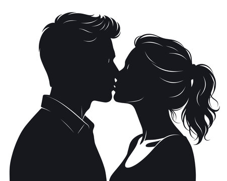 Romantic bisous vector silhouette of a loving couple profile portrait. Detailed black and white side view of man and woman kissing for valentine day, wedding or engagement design.
