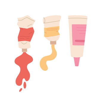 Flat tube paint doodle art on white surface. Simple artist supply as color tube and acrylic paint tool. Cute art craft object for school class or studio background, perfect for creative workshop icon