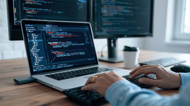 Programming and coding on a laptop by a software developer in a bright workspace